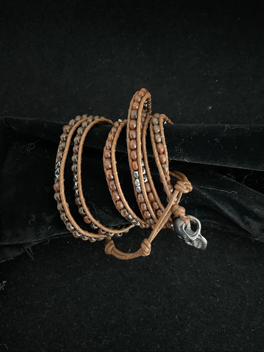 Leather Beaded Wrap Bracelet Adjustable Skeleton Head Accent Brown/Gray